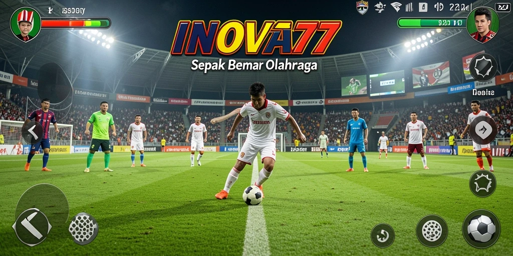 Tampilan gameplay seru dalam INOVA77 saat pertandingan sepak bola berlangsung.