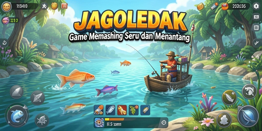Tampilan gameplay JAGOLEDAK dengan suasana memancing yang menakjubkan.