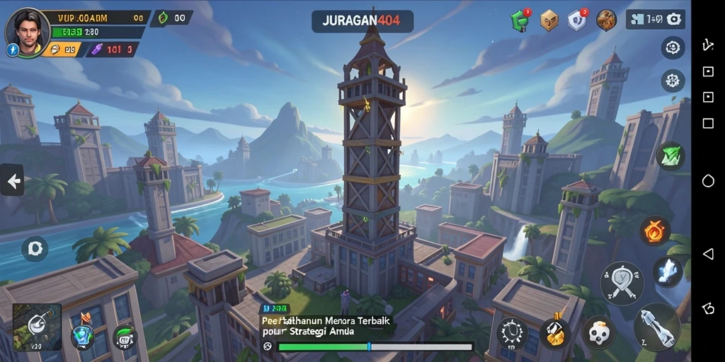 Screenshot gameplay menegangkan dari JURAGAN404 yang menunjukkan pertahanan menara.