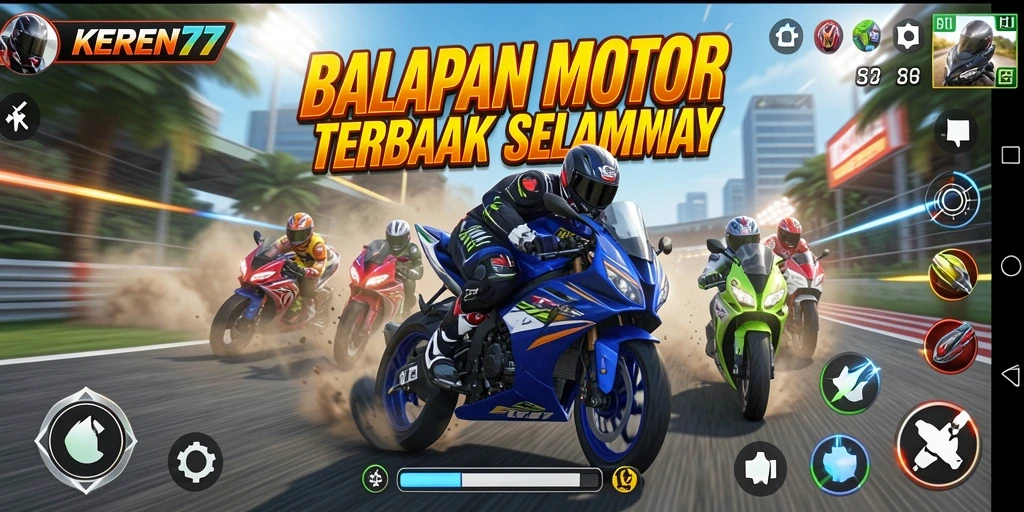 Gameplay mendebarkan balapan motor dalam KEREN77.