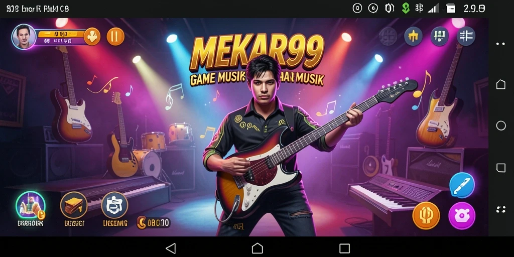 Tampilan gameplay seru di MEKAR99, penuh warna dan musik.
